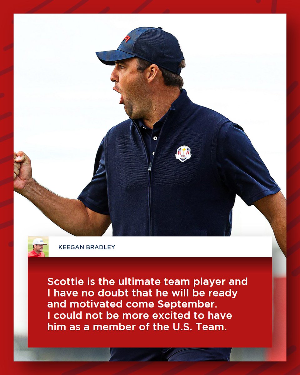 Ryder Cup USA (@rydercupusa) on Twitter photo "Scottie is the ultimate team player and I have no doubt that he will be ready and motivated come September. I could not be more excited to have him as a member of the U.S. Team." - <a href="/Keegan_Bradley/">Keegan Bradley</a> "Scottie is the ultimate team player and I have no doubt that he will be ready and motivated come September. I could not be more excited to have him as a member of the U.S. Team." - <a href="/Keegan_Bradley/">Keegan Bradley</a>