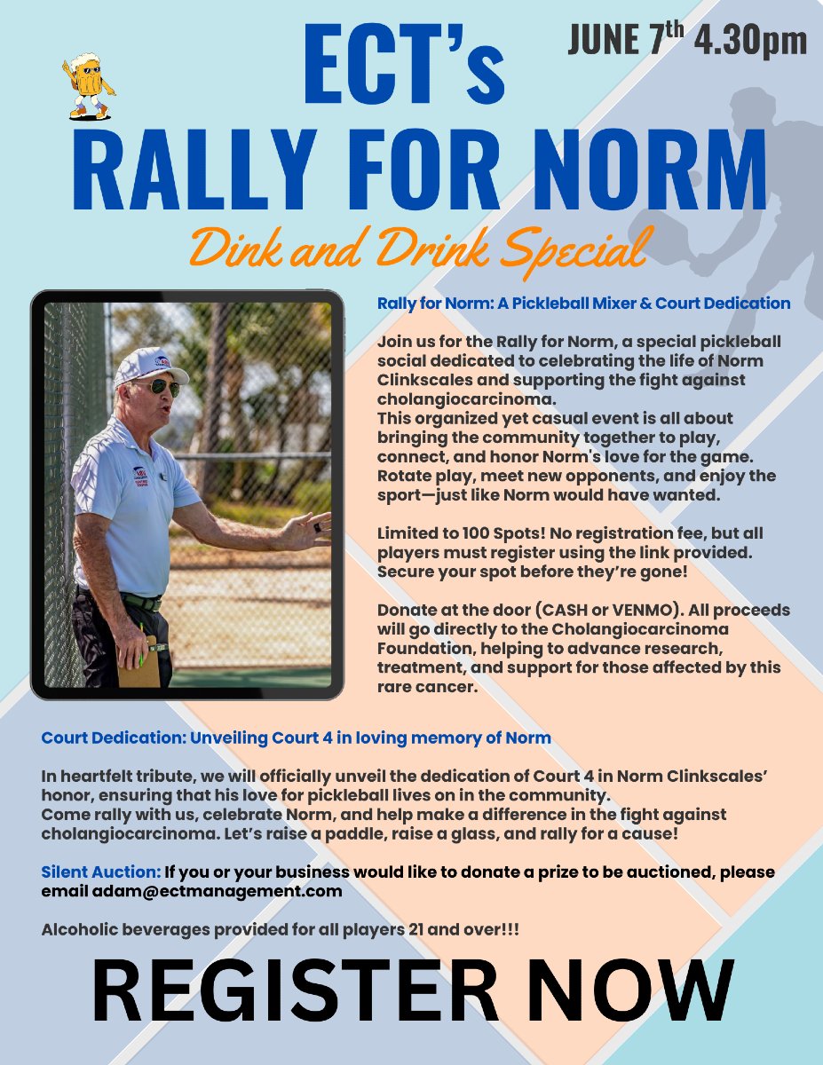 This Saturday, June 7, is ECT's Rally for Norm, a special pickleball tournament and court dedication in memory of Norm Clinkscales. The event is held at the ECT Bluewater Bay Tennis Center in Niceville, Florida, at 4:30 p.m. Registration is free and includes a spot in the