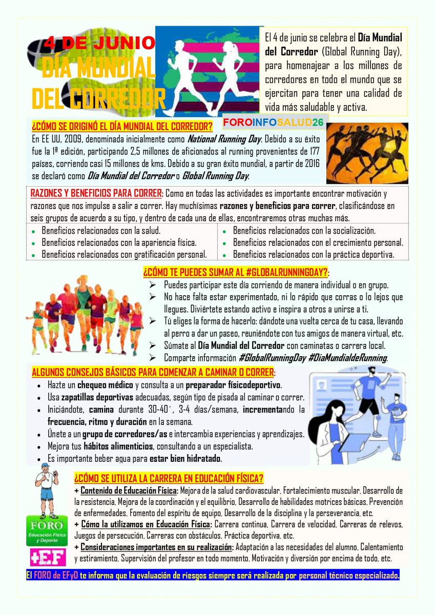 4 de junio, DIA MUNDIAL DEL CORREDOR🚶‍♀️🏃
Desde el FORO, y a través de las fichas 'FOROINFOSALUD26', te informamos que el caminar y correr es una actividad natural saludable con innumerables ventajas y beneficios de todo tipo.👟💦🛡️
¡CUIDARTE ES LO MÁS NATURAL! 💓