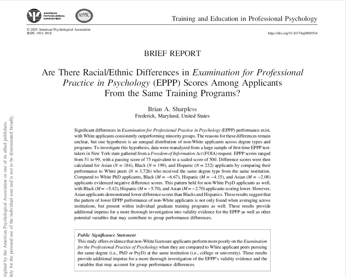 briansharpless's tweet photo. My latest article on the Examination for Professional Practice in Psychology (EPPP, the licensure exam for psychology) was just published online. Interesting findings, I think.  Link here: https://t.co/vMYsCTFKpx  @APA @APA_Journals @asppb #Psychology @RadicalPsychs https://t.co/L6Ot8Zd4bx
