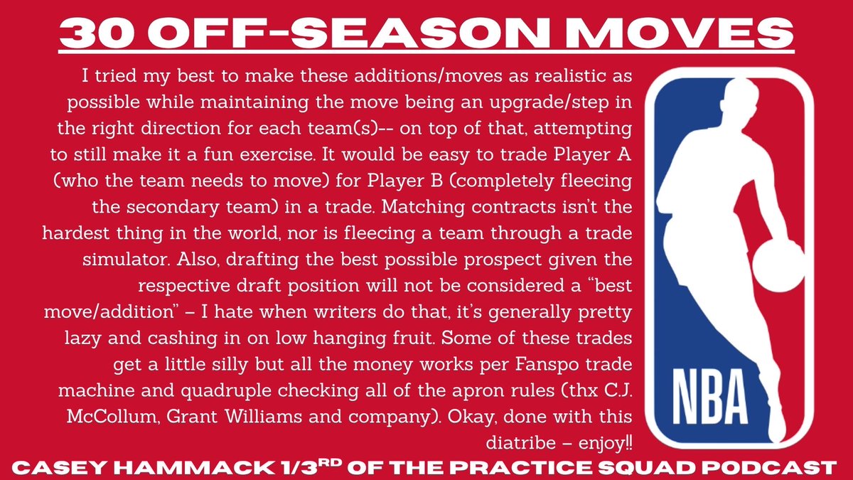 caseylhammack's tweet photo. alright, some fun content right before game 1 of the nba finals. i’ll have a mock draft with reasonings/soft player breakdowns within the week — for now though, enjoy *what i feel* is the best possible move for each team this summer!! https://t.co/QS9rXnsAWA