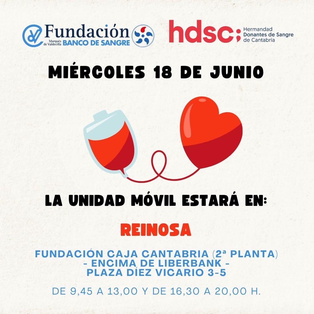 BANCO DE SANGRE DE CANTABRIA (@bscantabria) on Twitter photo Este miércoles nos acercamos a #REINOSA 📍
<a href="/AytoReinosa/">Ayuntamiento de Reinosa</a>
Si quieres donar #sangre o #plasma, puedes pedir #citaprevia:
📲en la app del Banco de #Sangre y #Tejidos de #Cantabria
🖥en la web de la Fundación Marqués de #Valdecilla o
🤳en el 640244120
#donasangre #donaplasma Este miércoles nos acercamos a #REINOSA 📍
<a href="/AytoReinosa/">Ayuntamiento de Reinosa</a>
Si quieres donar #sangre o #plasma, puedes pedir #citaprevia:
📲en la app del Banco de #Sangre y #Tejidos de #Cantabria
🖥en la web de la Fundación Marqués de #Valdecilla o
🤳en el 640244120
#donasangre #donaplasma