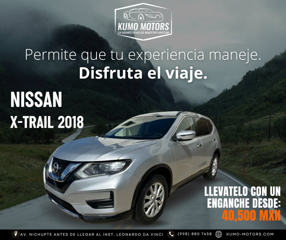 KumoMotors's tweet photo. 🚗 Nissan X-Trail 2018
Confort, potencia y estilo en cada camino.
💥 ¡Enganche desde $40,500 MXN!
Haz que cada viaje cuente.
📍 Cancún
📲 (998) 880 7458
#XTrail2018 #Nissan #SUVCancún #KumoMotors #AutosSeminuevos #ViajaConEstilo https://t.co/e592LVF9Rq