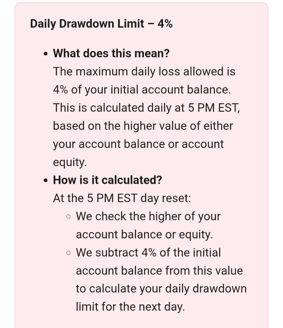 Just lost my prop firm account on the second phase because my floating profit dropped before the 5 PM reset. Painful stuff 😞
Honestly, it would make a lot more sense if the 4% daily drawdown was based on balance alone, not equity. <a href="/GoatFunded/">Goat Funded Trader</a>, please consider reviewing this.