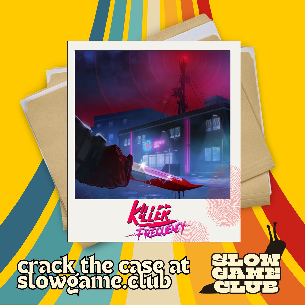 Killer Frequency has been added to the Slow Game Club, the monthly book club for games 🎮

Join now for access to Killer Frequency plus 11 other Noir &amp; Mystery titles and help raise funds to tackle social mobility in the games industry with Into Games.

🐌 slowgame.club