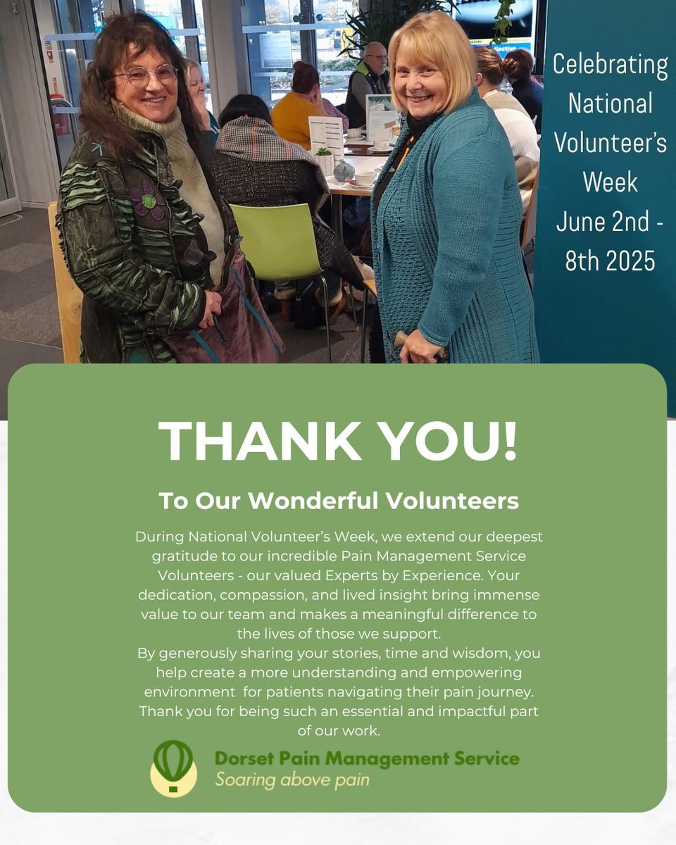 As #volunteersweek continues, our colleagues at Dorset Pain Management Service would like to say a big thank you to all of the volunteers who are part of their service and make a huge difference every day. 😊👏👏🏼👏🏾👏🏿

#nhs #volunteersweek25
