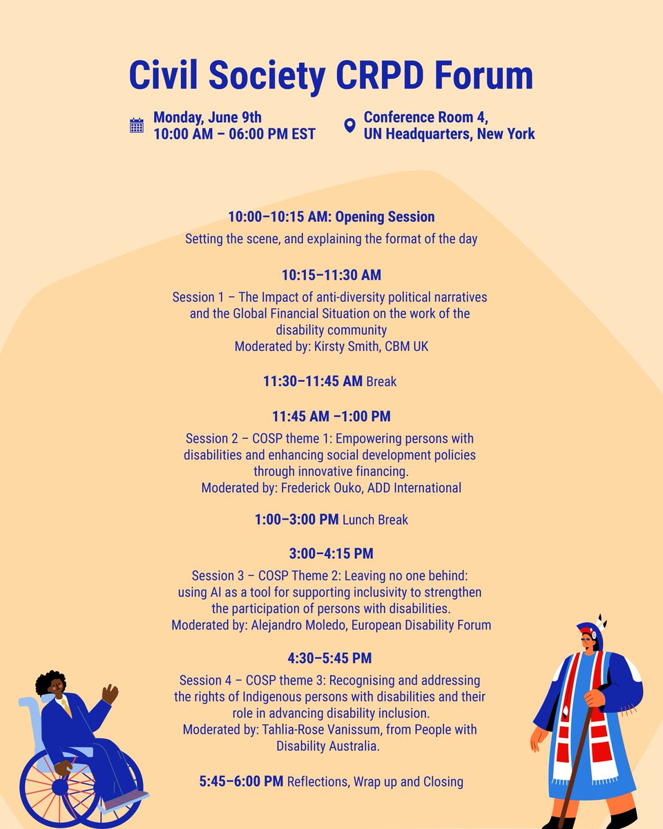 📣Join us at the 2025 Civil Society CRPD Forum! 
🗓️ Monday, 9 June | ⏰ 10am–6pm 📍UN HQ, New York | Conf. Room 4

This year’s #CSF2025 continues the People’s Assembly format. It will be interactive with no panels. Four sessions reflect key #COSP17 themes, plus a timely