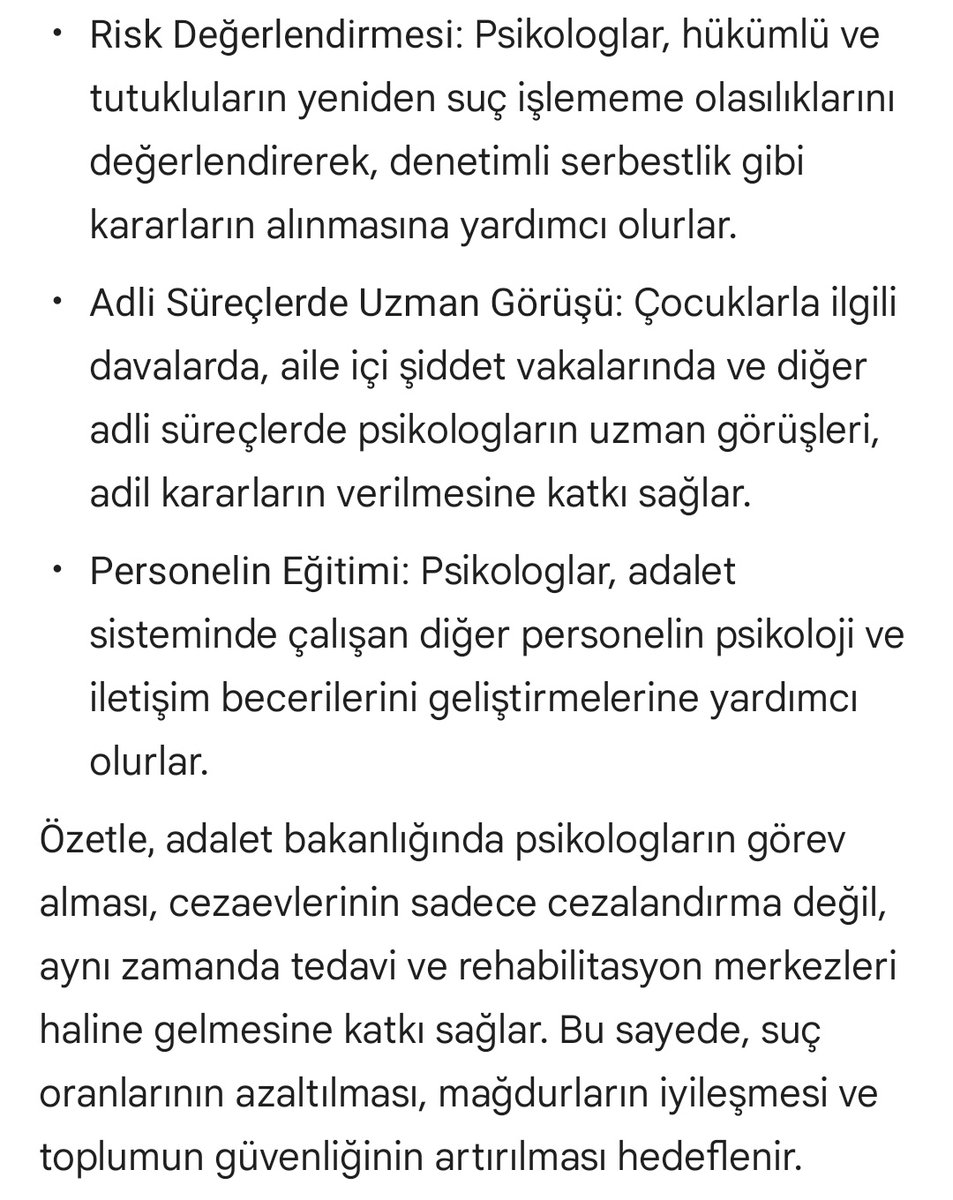Cezaevleri Denetimli Serbestlik Müdürlükleri Çocuk Mahkemeleri ve Aile Mahkemeleri, Adli Tıp Kurumu ve Emniyet Müdürlükleri'de psikolog istihdamının artırılması, risk değerlendirmesi, adli süreçlerde uzman görüşü ve rehabilitasyon süreçlerine katkı sağlar
#PsikologYargıReformunda