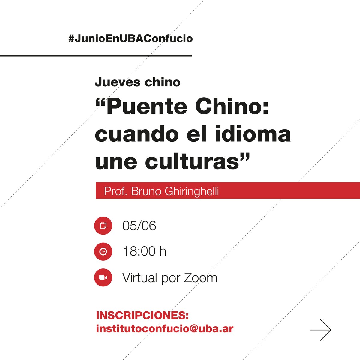 Este jueves nos visita Bruno Ghiringhelli, ganador del Concurso Puente Chino 2024 🇨🇳

Compartirá su recorrido, desafíos y cómo el certamen profundizó su vínculo con la lengua y cultura chinas.

📩 Inscripción: institutoconfucio@uba.ar

#CulturaChinaEnUBAConfucio