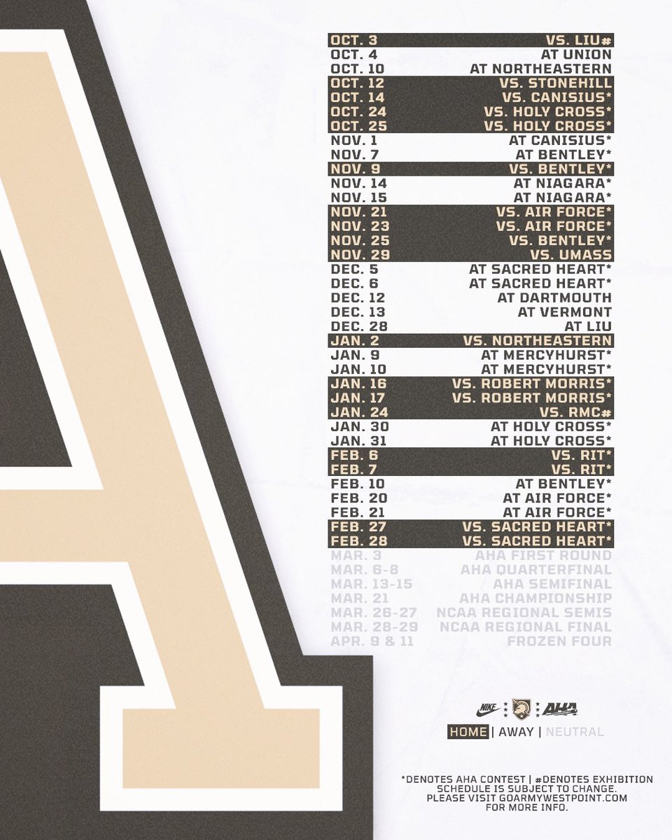 ArmyWP_Hockey's tweet photo. Our 2025-26 schedule is here! Take a look at what we have lined up for this season 🗓️

🔗 https://t.co/UUSvWNlrF8

#GoArmy https://t.co/Xwr1IG7fmi