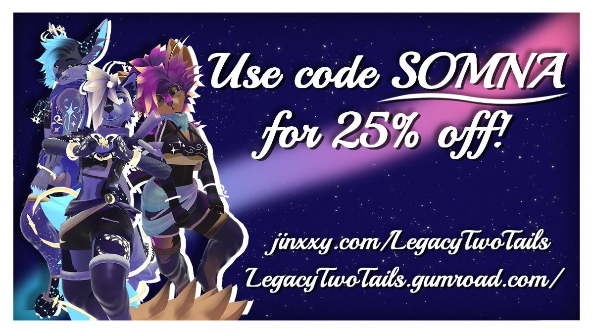 Furality Somna is TOMORROW, but there is a discount live now for my Gumroad and Jinxxy!

Use code SOMNA for 25% off any purchase!

See y'all in the dreamscape 🩷

#VRChat
