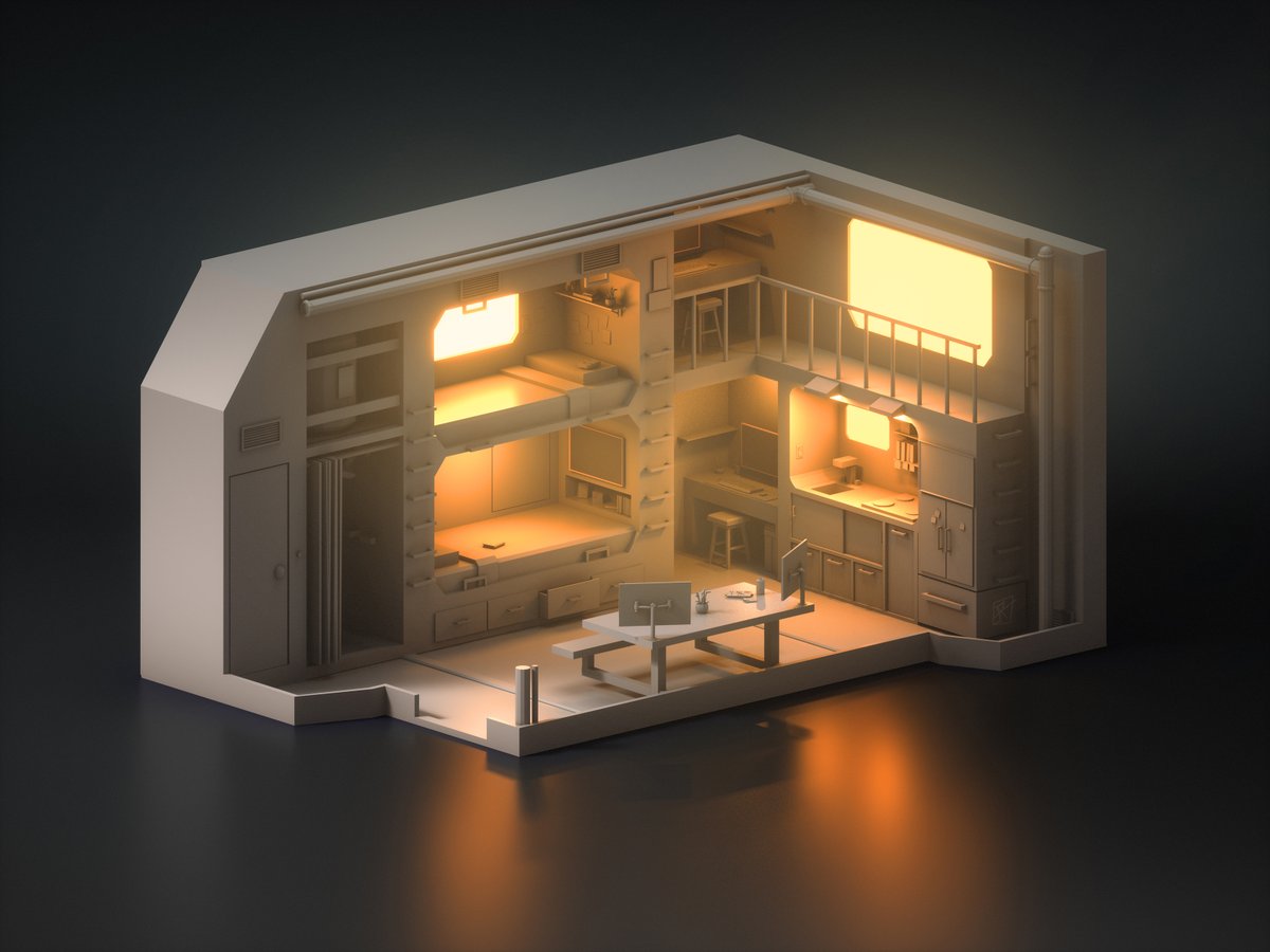 Reached way back for this one! Modeled in VR using an app we developed at Google back in the day called Blocks. 

Compact living quarters for planetary exploration or a pop-up habitat for whenever your research takes you to the middle of nowhere 🪐