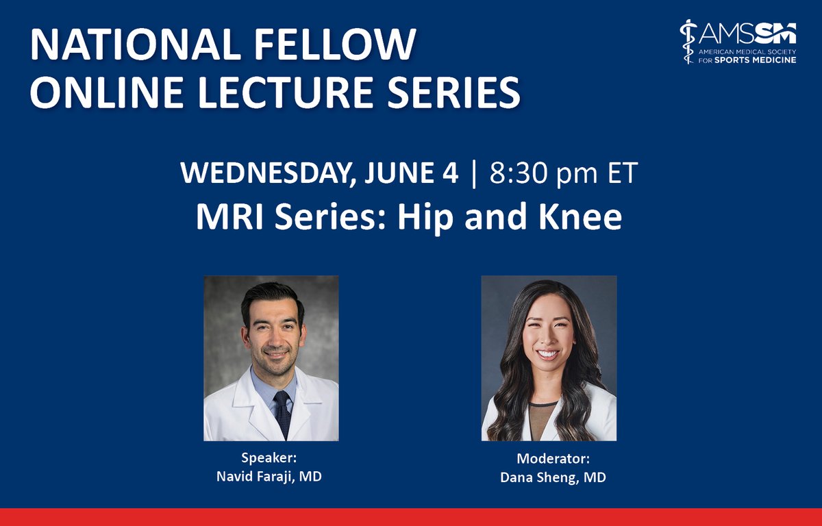 AMSSM (@theamssm) on Twitter photo 🚨 Remember to join tonight's #FellowsLectureSeries session at 8:30 pm ET!
Dr. Navid Faraji, a musculoskeletal radiologist with <a href="/UHhospitals/">University Hospitals</a>, will continue the MRI Series with a presentation on the Hip and Knee.
🔗 Find the link to join here: bit.ly/AMSSMEvents 🚨 Remember to join tonight's #FellowsLectureSeries session at 8:30 pm ET!
Dr. Navid Faraji, a musculoskeletal radiologist with <a href="/UHhospitals/">University Hospitals</a>, will continue the MRI Series with a presentation on the Hip and Knee.
🔗 Find the link to join here: bit.ly/AMSSMEvents