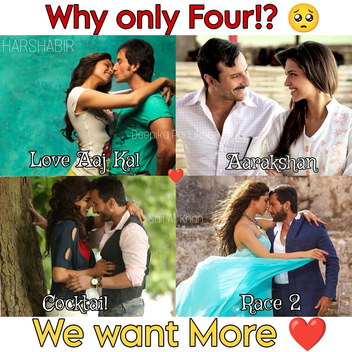 arfnabir's tweet photo. @deepikapadukone @SaifAliKhanOff
One of the Best On-Screen Pairs of Bollywood. ❤️

Why Only Four!?
#LoveAajKal 
#Aarakshan 
#Cocktail 
#Race2
We Want More 🤗

#DeepikaPadukone #SaifAliKhan #SaiDeep #SaiKa https://t.co/cFbW9s0rvh