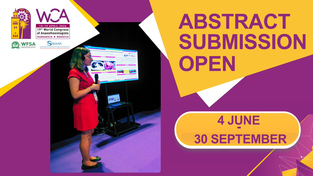 Abstract submission OPEN for #WCA2026!

Present your work as an e-poster and get published in Anesthesia &amp; Analgesia.

Elevate your career and advance the field - submit your research today.

Submission Dates: 04 June – 30 September 2025

wcacongress.org/abstracts/