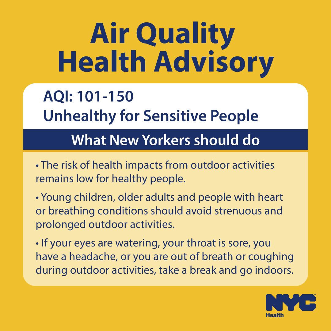 An Air Quality Health Advisory is in effect for NYC today, June 4, due to ground-level ozone from traffic exhaust &amp; hot weather. Young children, older adults &amp; people with heart or breathing conditions should avoid strenuous &amp; prolonged outdoor activities: on.nyc.gov/3pFYWYb
