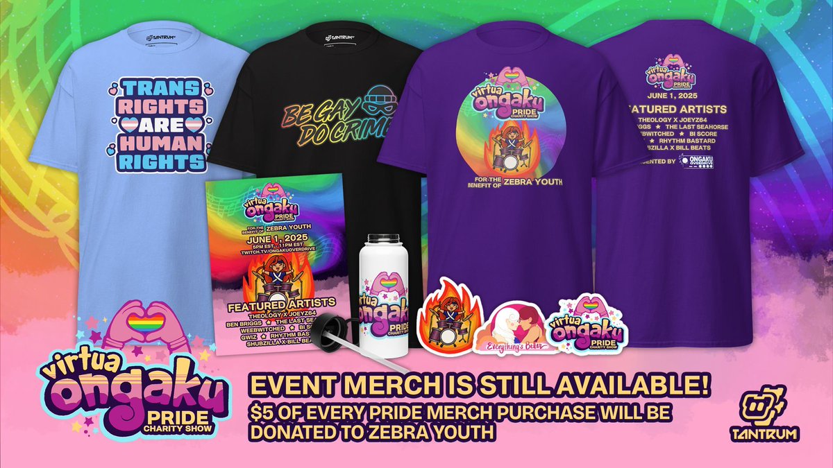 TantrumMerch.com (@tantrummerch) on Twitter photo 🎉 Congrats to <a href="/OngakuOverdrive/">Ongaku ALL NIGHT 🔜 AFO 2025</a> for raising over $1,500 for Zebra Youth as part of their Virtua Pride Charity Show! The event might be over but the merch is still up until June 9 so get your orders in as $5 of every sale will continue to support Zebra Youth ❤️ 🎉 Congrats to <a href="/OngakuOverdrive/">Ongaku ALL NIGHT 🔜 AFO 2025</a> for raising over $1,500 for Zebra Youth as part of their Virtua Pride Charity Show! The event might be over but the merch is still up until June 9 so get your orders in as $5 of every sale will continue to support Zebra Youth ❤️
