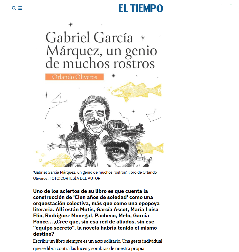 Hago mi debut en <a href="/ELTIEMPO/">EL TIEMPO</a> con una entrevista a Orlando Oliveros sobre las diferentes facetas de Gabo, tema del que trata su nuevo libro: "Gabriel García Márquez, un genio de muchos rostros", publicado por <a href="/CasaPeriscopio/">Periscopio Casa Editorial</a>.  🌟

eltiempo.com/cultura/musica…