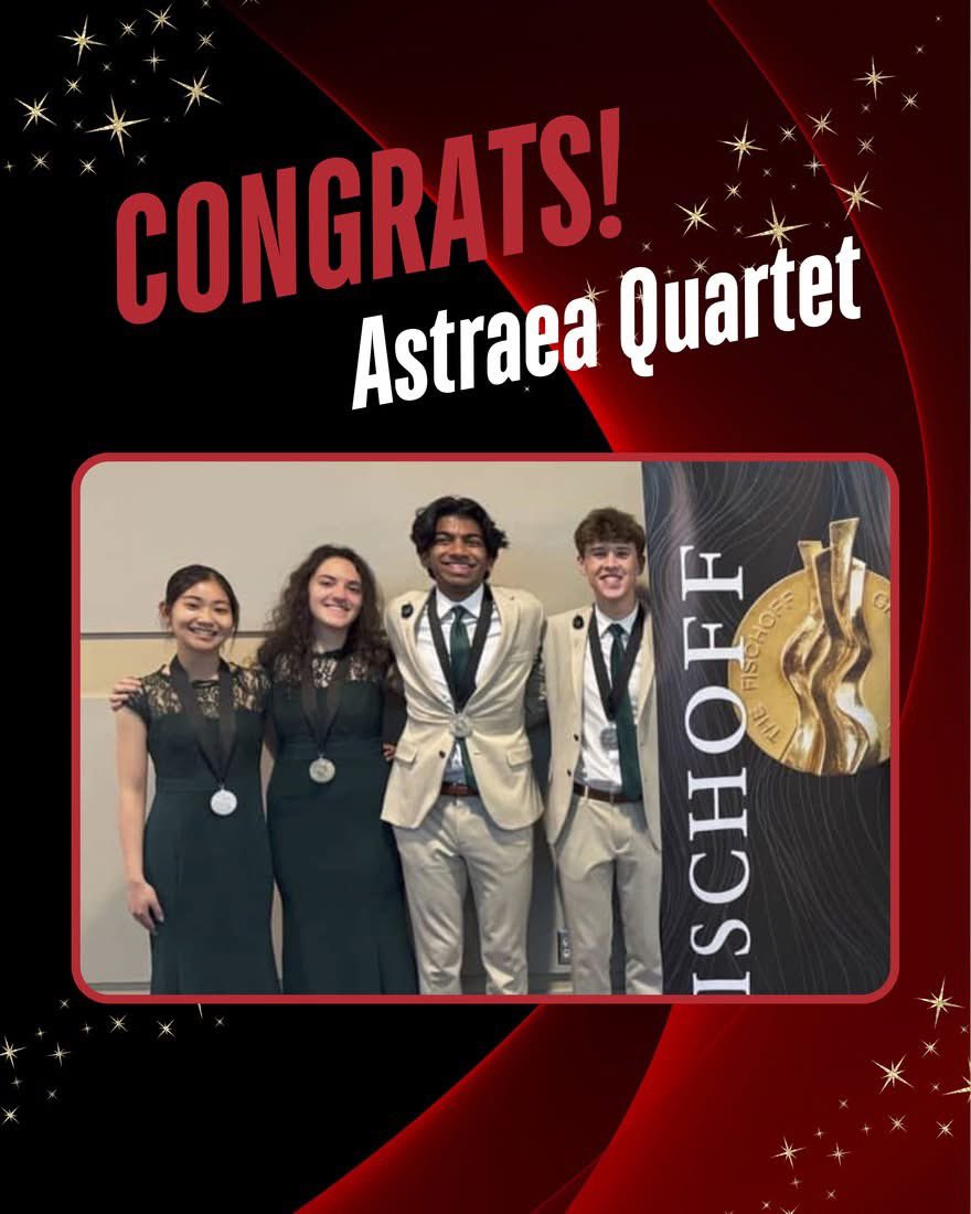 CONGRATS to the Astraea Saxophone Quartet!
Coltman Chamber Music Competition - 1st Place, Jr. Division Mixed Instrumental 
 Fischoff Competition - Silver Medal and $2,000, Jr. Wind Division
Houston Underground Saxophone Competition- 1st Place, HS
Jacob, Sayaka, Eli, and Paige.
