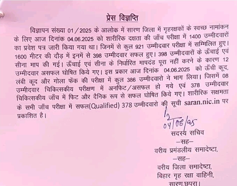 Saran_dm's tweet photo. #homeguard #recruitment #physicalefficiencytest #saran #chapra @IPRDBihar
गृह रक्षकों के नामांकन की प्रक्रिया के तहत आज दिनांक 04/06/25 के लिये शरीरिक दक्षता परीक्षा हेतु कुल 1400 अभ्यर्थियों को प्रवेश पत्र जारी किया गया था। इनमें से कुल 921 अभ्यर्थी परीक्षा में शामिल हुये। सभी इवेंट एवं चिकित्सीय जाँच के उपरांत आज 378 उम्मीदवार चिकत्सीय जाँच में फिट एवं दैनिक रूप से सफल घोषित किये गये।