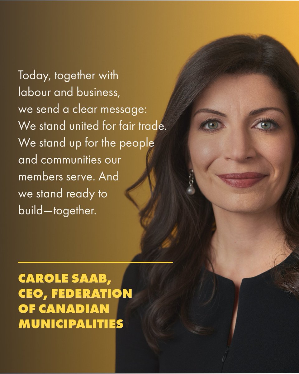 Today, three of the strongest voices in Canada’s labour movement, business, and municipal leadership are standing shoulder to shoulder to demand action against Trump’s reckless tariff hike.

Together, we’re defending good jobs, strong communities, and our economy. #cdnpoli