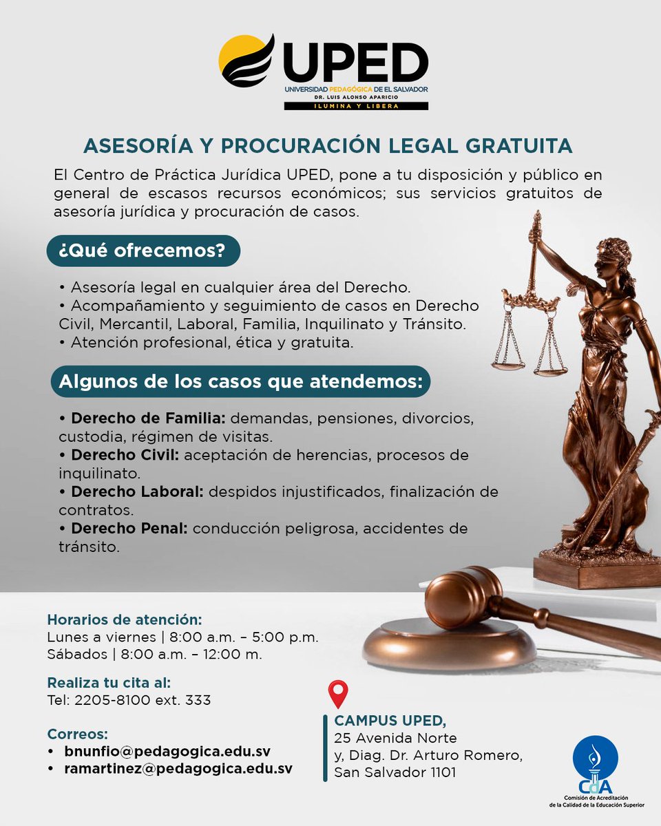 El Centro de Práctica Jurídica UPED, pone a tu disposición y público en general de escasos recursos económicos; sus servicios gratuitos de asesoría jurídica y procuración de casos.