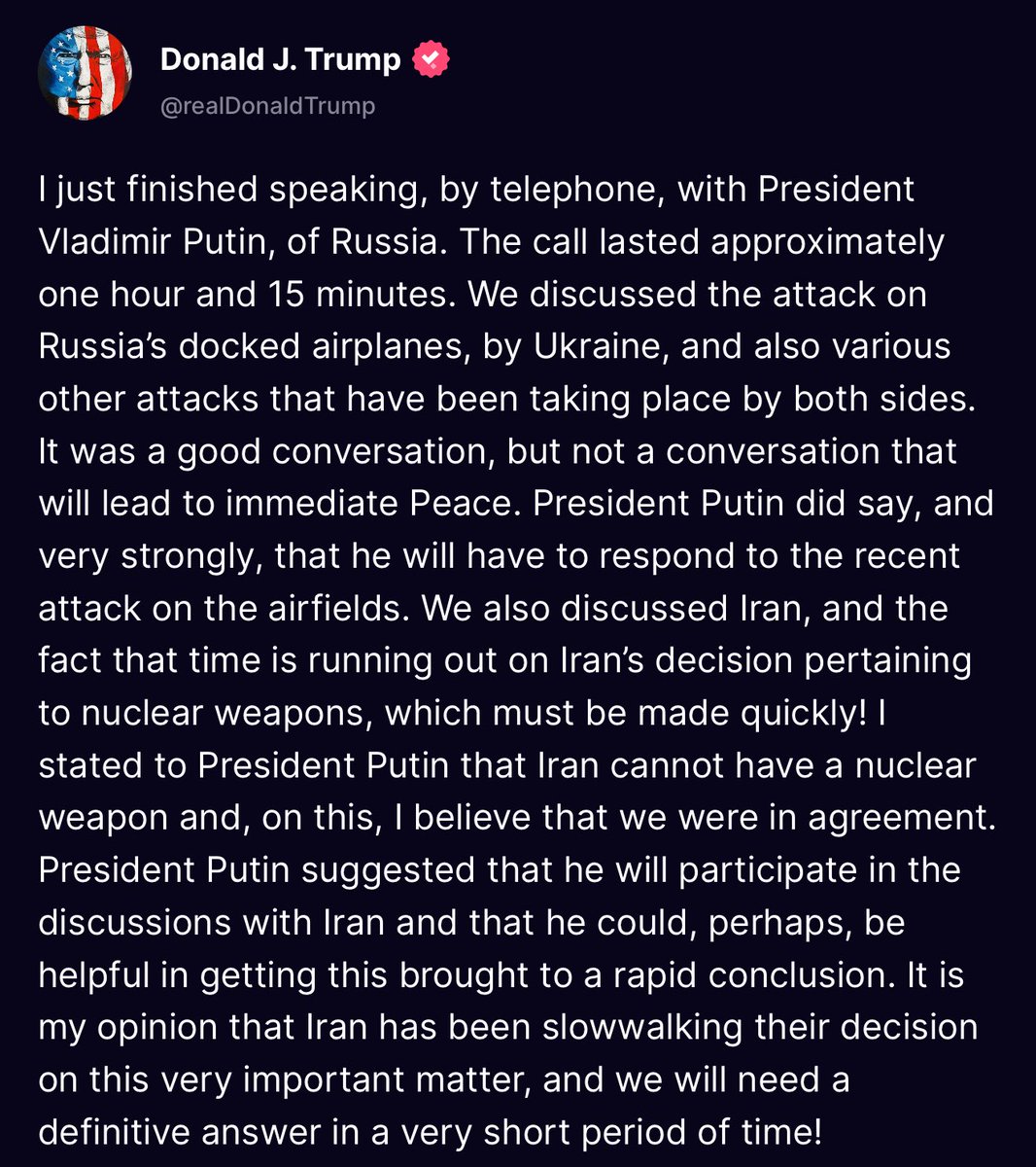 ❗️President Trump says he spoke with Russia’s Vladimir Putin: "We discussed the attack on Russia’s docked airplanes, by Ukraine, and also various other attacks that have been taking place by both sides. It was a good conversation, but not a conversation that will lead to