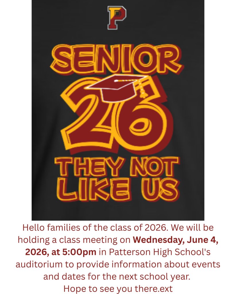 Rising Seniors ~~ Cohort 2026   Join us this evening, Wed. 4th of June, at 5PM for our PARENET MEETING  in the auditorium.   Please come out with your families for updates regarding your senior year!!  Also, pick-up your NEW senior shirt.  #KaneStreetCrew