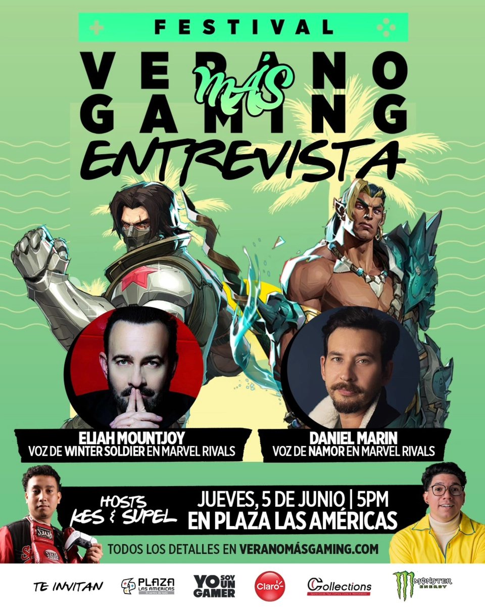 Yo soy un Gamer (@yosoyungamertw) on Twitter photo ¡Entrevista exclusiva en vivo desde el Festival Verano Más Gaming! Mañana, 5 de junio a las 5PM, conéctate con los VO de Marvel Rivals en una entrevista remota y EN VIVO desde Plaza Las Américas:
🔥 <a href="/EliahMountjoy/">Eliah Mountjoy</a>, voz oficial de Winter Soldier
🌊 Daniel Marin, voz de Namor ¡Entrevista exclusiva en vivo desde el Festival Verano Más Gaming! Mañana, 5 de junio a las 5PM, conéctate con los VO de Marvel Rivals en una entrevista remota y EN VIVO desde Plaza Las Américas:
🔥 <a href="/EliahMountjoy/">Eliah Mountjoy</a>, voz oficial de Winter Soldier
🌊 Daniel Marin, voz de Namor