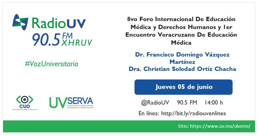 ¡No te pierdas este jueves #VozUniversitaria en <a href="/RadioUV/">Radio UV</a>!
Acompáñanos a las 14:00 horas en una entrevista con el OBEME UV.
¡Sintoniza y entérate de todos los detalles! 
14:00 h | 90.5 FM y en línea: uv.mx/radio/transmis…
Para más información: uv.mx/obeme/