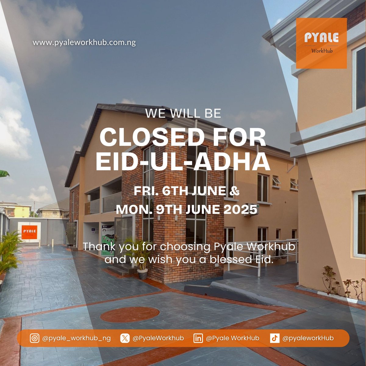 We are pleased to inform you that our office will be closed on June 6th and 9th in the observance of Eid- al- Adha. 
We extend our warmest wishes to you and your loved ones for a joyous and peaceful Eid filled with happiness and togetherness. 
#PyaleWorkhub #Publicholiday #Phcity