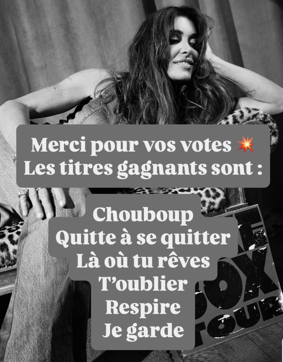 🔴 INFO

Les titres « Chou boup », « Quitte à se quitter », « T’oublier », « Respire » et « Je garde » seront ajoutés au #JukeboxTour à la rentrée 😘