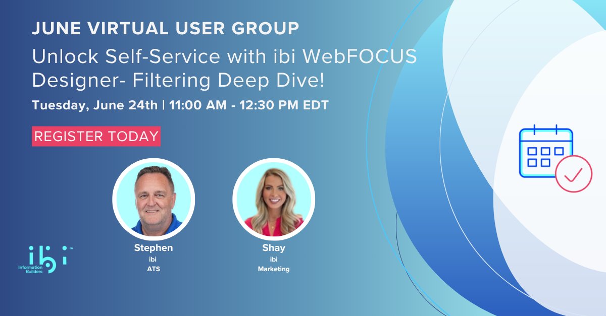 infobldrs's tweet image. 💪Empower users with self-service analytics! Join our June Virtual User Group for a deep dive into ibi WebFOCUS Designer filtering. Master data exploration. ✨ bit.ly/JuneVUG
#WebFOCUS  #SelfServiceB