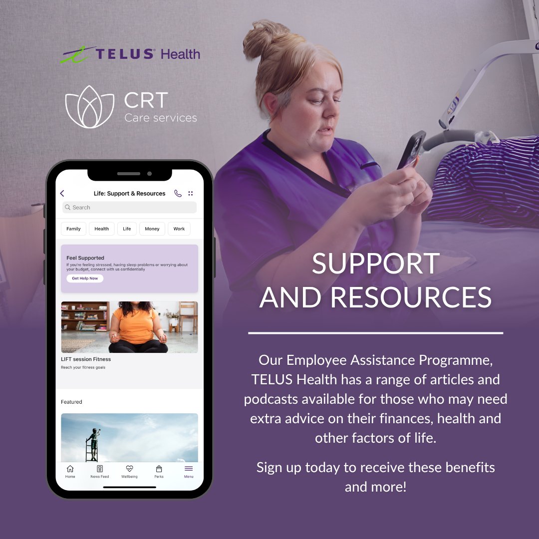 CRTCareServices's tweet image. We want to ensure our #carers feel fully supported. With our FREE to join #EmployeeAssistanceProgramme, #TELUS Health, you can access to a range of #support regarding #finances, #health and other life factors.

Want to join? Email tilly.brown@dalecare.co.uk for your invitation!