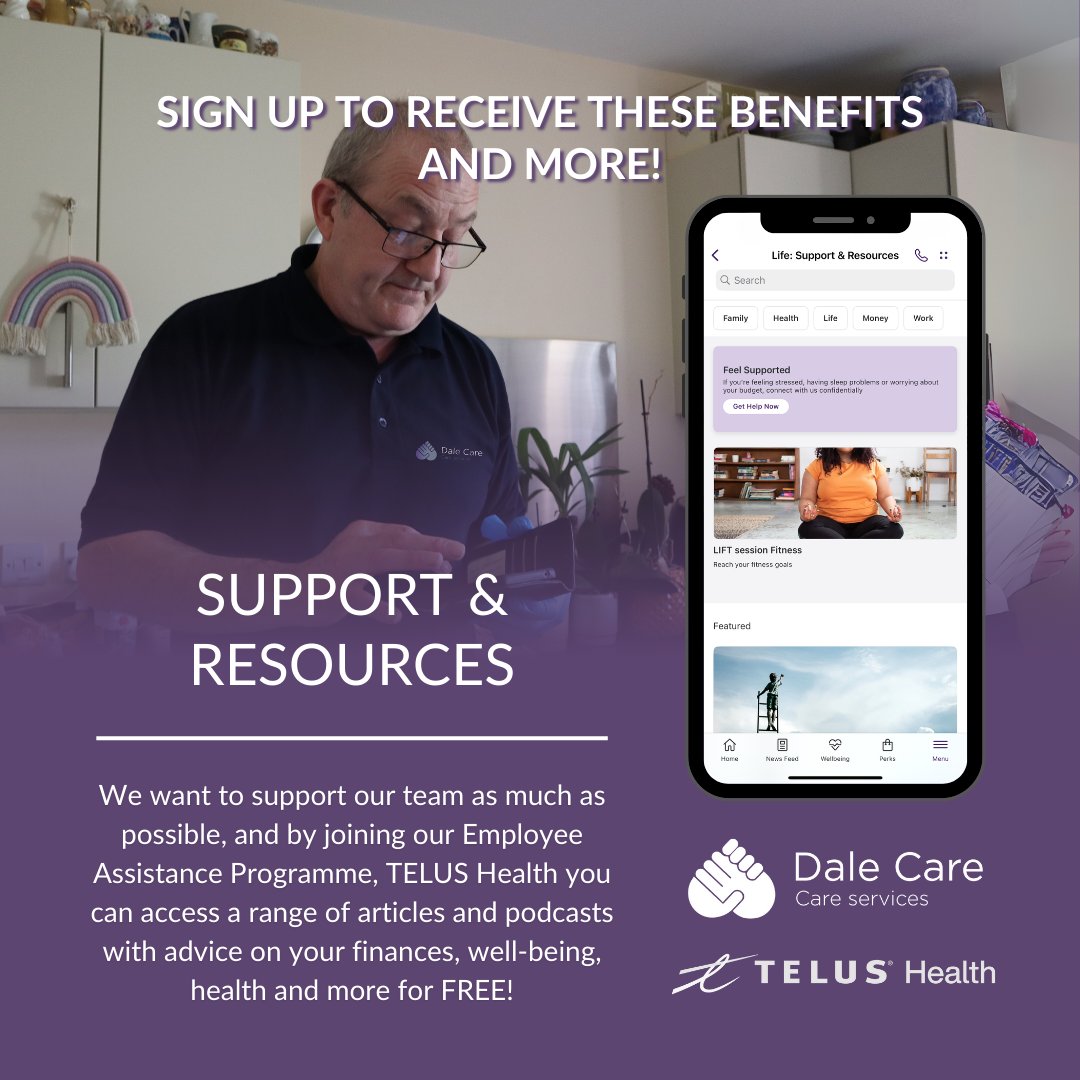 DaleCareNEast's tweet image. We want to ensure our #carers feel fully supported. With our FREE to join #EmployeeAssistanceProgramme, #TELUS Health, you can access to a range of #support regarding #finances, #health and other life factors.

Want to join? Email tilly.brown@dalecare.co.uk for your invitation!
