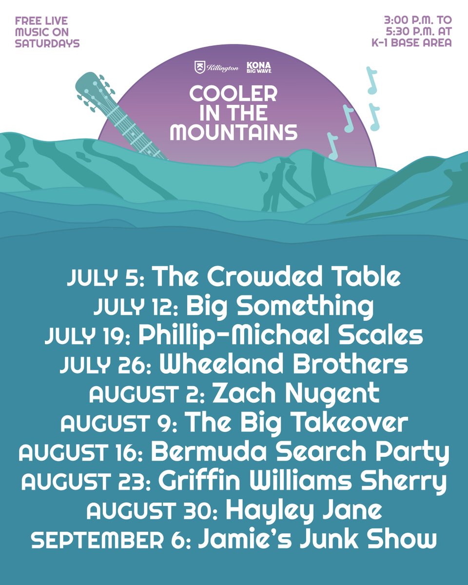 Killington Resort (@killingtonmtn) on Twitter photo Cooler in the Mountains sponsored by <a href="/KonaBigWave/">Kona Big Wave</a> kicks off on July 5th featuring free live shows on Saturdays from top national and regional acts outside the K-1 Lodge. Enjoy cold brews, have fun with friends and family, and soak up the sounds and the views of summer☀️🎵 Cooler in the Mountains sponsored by <a href="/KonaBigWave/">Kona Big Wave</a> kicks off on July 5th featuring free live shows on Saturdays from top national and regional acts outside the K-1 Lodge. Enjoy cold brews, have fun with friends and family, and soak up the sounds and the views of summer☀️🎵