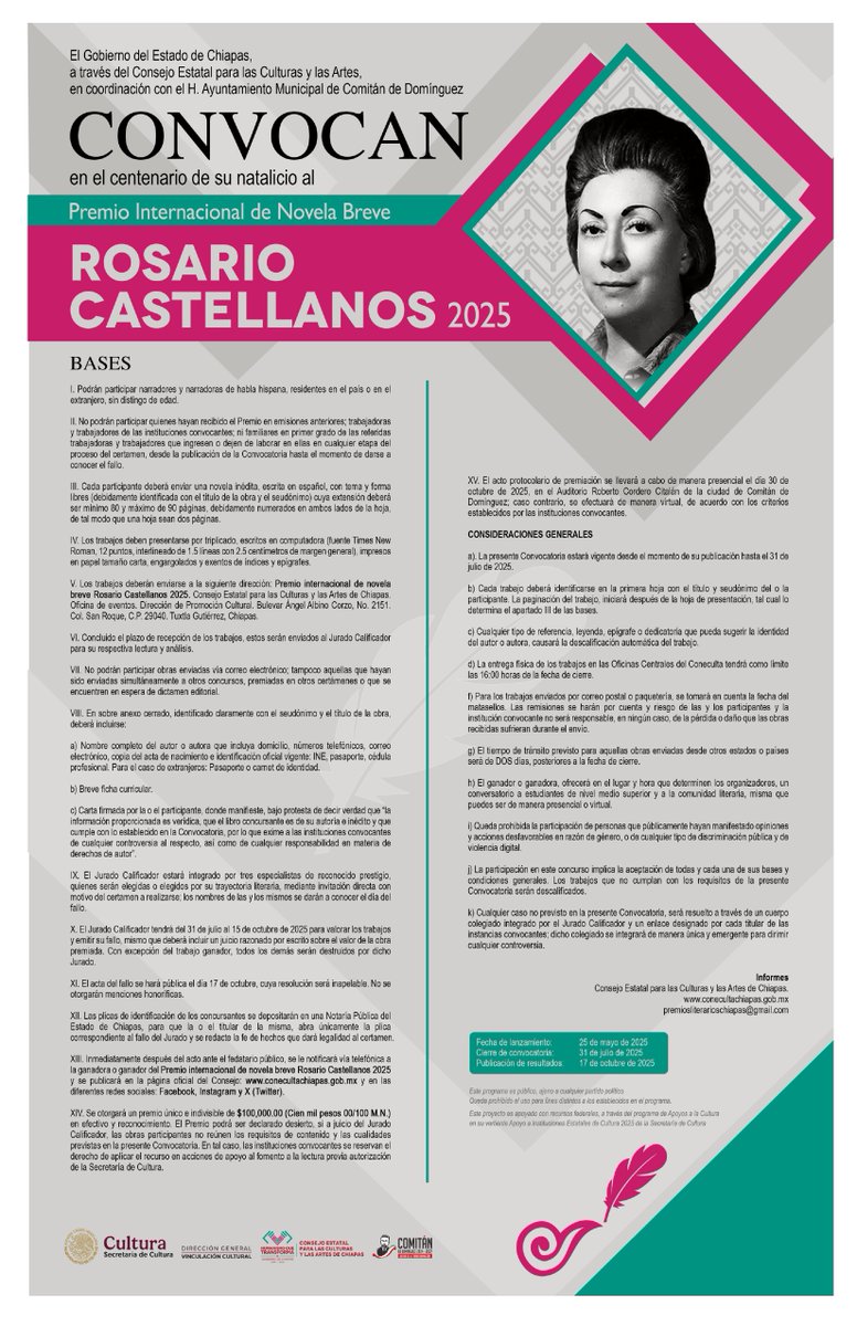 EmbaMexGua's tweet image. La convocatoria para el Premio Internacional de Novela Breve, Rosario Castellanos, ya se encuentra abierta, podrán participar todos los narrador@s de habla hispana residentes en 🇲🇽 o en el extranjero. La convocatoria estará vigente hasta el 🗓️31/07/2025. 👇drive.google.com/file/d/1nRGFYT…