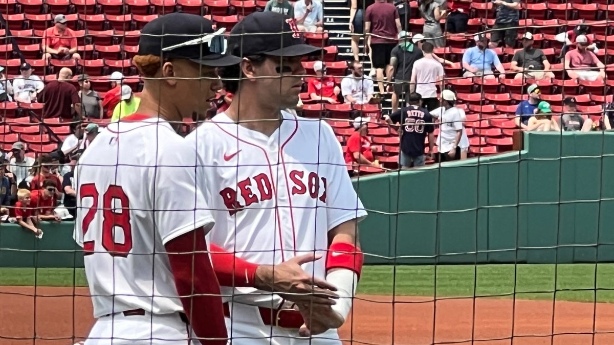 EvolutionOfStan's tweet photo. Kristian Campbell &amp; Marcelo Mayer getting ready before @Angels vs @RedSox today at #Fenway.

#kristiancampbell #marcelomayer #redsox #redsoxrookies #nesn #weei https://t.co/wq96VL10T5