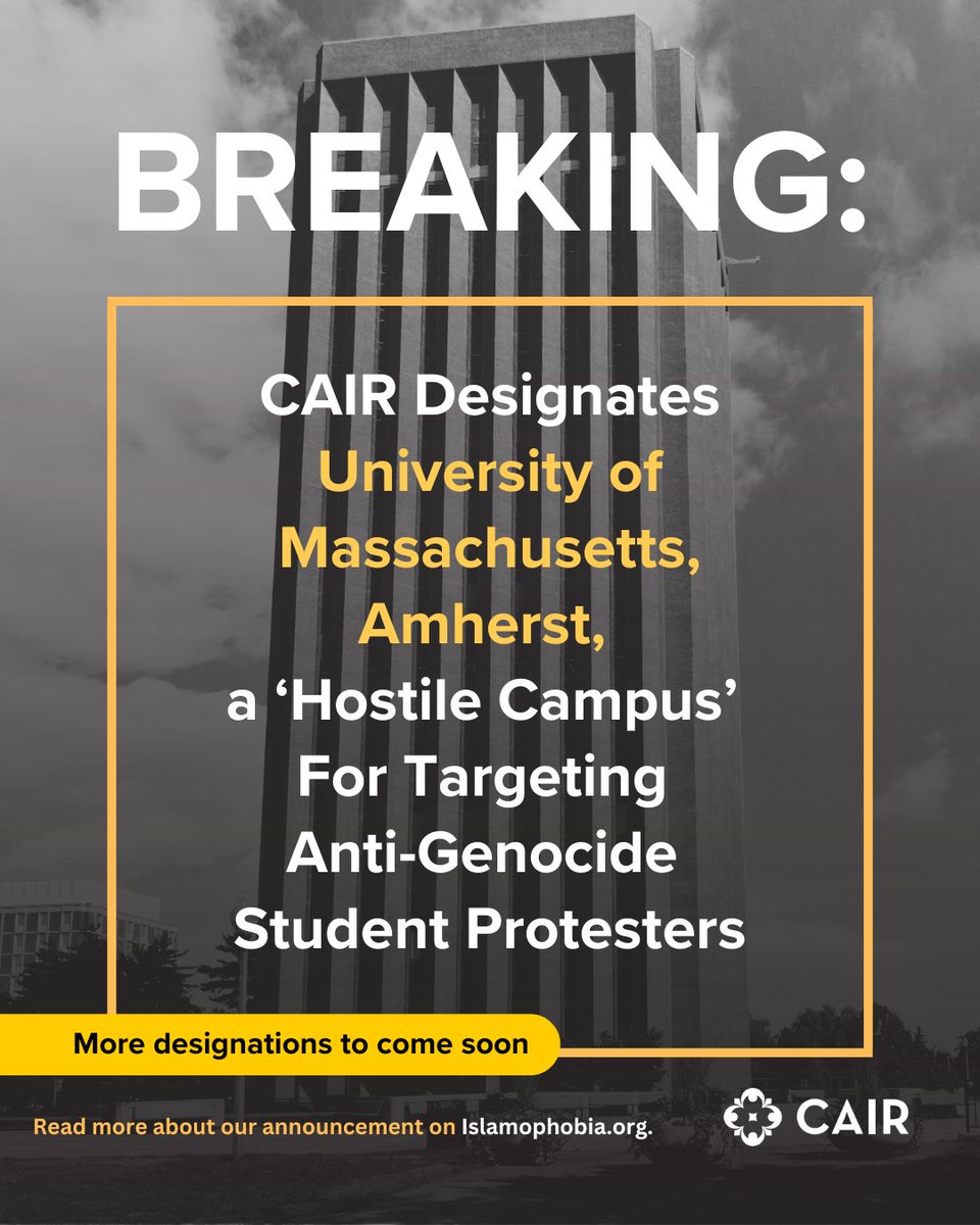 Today we designated the University of Massachusetts Amherst (<a href="/UMassAmherst/">UMass Amherst</a>) as a ‘Hostile Campus’ following violent crackdowns on peaceful anti-genocide protesters, discriminatory sanctions, and a pattern of neglect in addressing anti-Arab and anti-Palestinian harassment.

“What