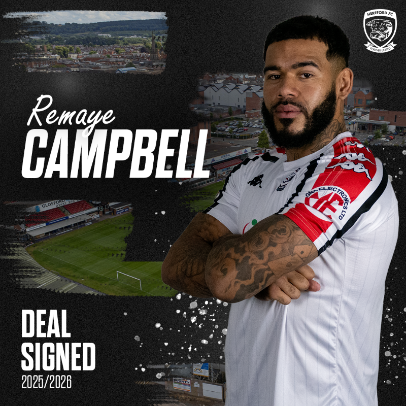 HerefordFC's tweet photo. Welcome back, @remaye09! 💪

We're delighted to welcome back Remaye Campbell as he agrees a deal with the Bulls. 
#COYW | #OurCity