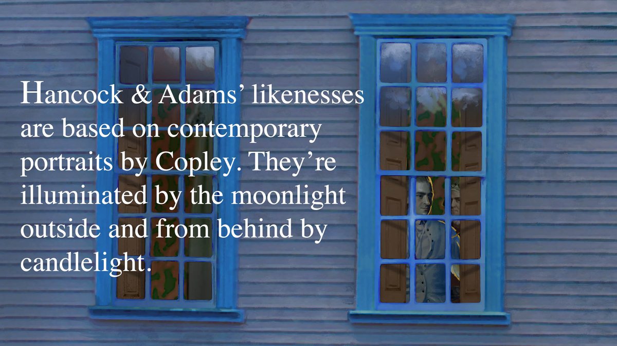 Here’s a detail of the full painting of Revere’s arrival at the Clarke House in Lexington, showing Hancock and Adams in the window of the first floor room to the left of the main entryway. This room is known today as the Hancock-Adams Room, and can be visited in Lexington.