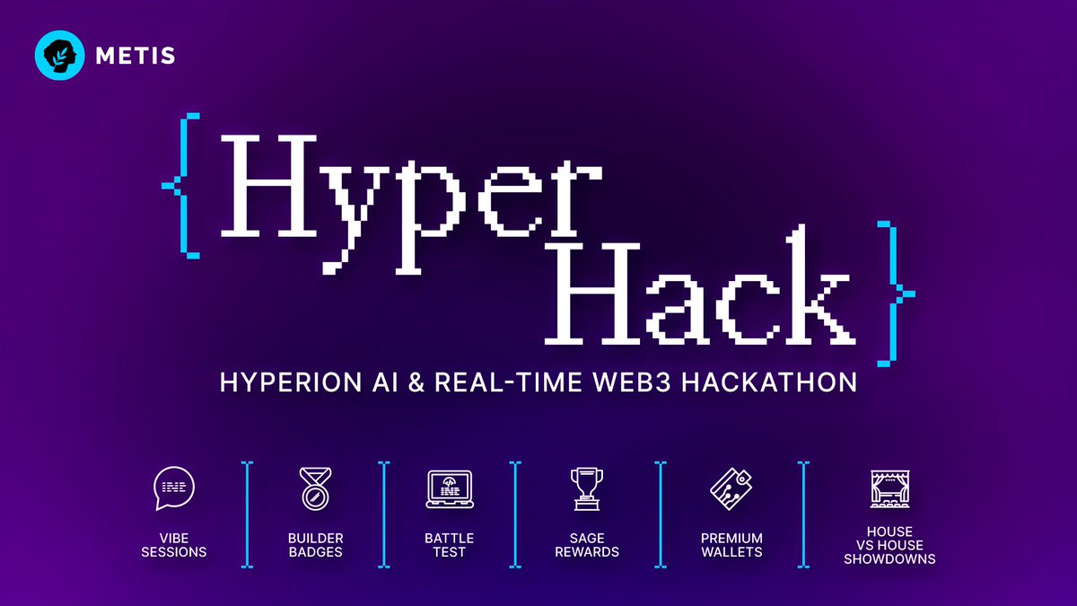 A friendly reminder: the HyperHack hackathon launched by Metis is still accepting applications. 🌿

Now's your chance to join, build, earn, and contribute to the advancement of AI-native Web3 with <a href="/MetisL2/">Metis🌿</a>.

Get started today 👇
cli.re/XakkoR