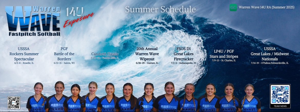Warren Wave 14X (@warrenwave14x) on Twitter photo π¨1st of 7 tournaments in our summer push. After 3 yrs of building, our (6) 28s and (5) 29s+ (1) 30 will split up in 2025-26 in order to align & compete with the new age cutoffs. Our #FinalHurrah should manifest #InspiredSoftball.
<a href="/WTGS_WarrenWave/">Illinois Wave Softball</a> πππ₯β€οΈ π¨1st of 7 tournaments in our summer push. After 3 yrs of building, our (6) 28s and (5) 29s+ (1) 30 will split up in 2025-26 in order to align & compete with the new age cutoffs. Our #FinalHurrah should manifest #InspiredSoftball.
<a href="/WTGS_WarrenWave/">Illinois Wave Softball</a> πππ₯β€οΈ