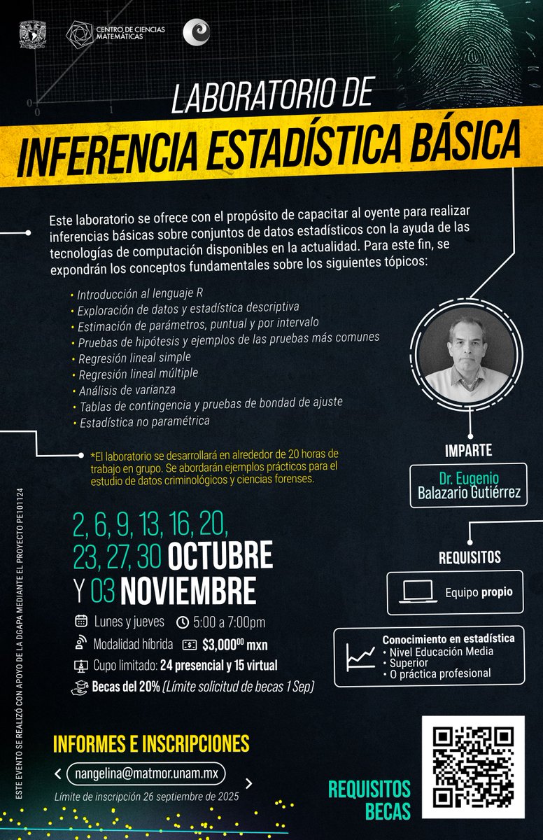 El Centro de Ciencias Matemáticas invita al
📊 Laboratorio de Inferencia Estadística Básica
🗓️ Del 02 de octubre al 03 de noviembre
🔍 Aprende a hacer inferencias con apoyo tecnológico moderno.
🔹 Ideal para fortalecer tu formación en análisis de datos.
