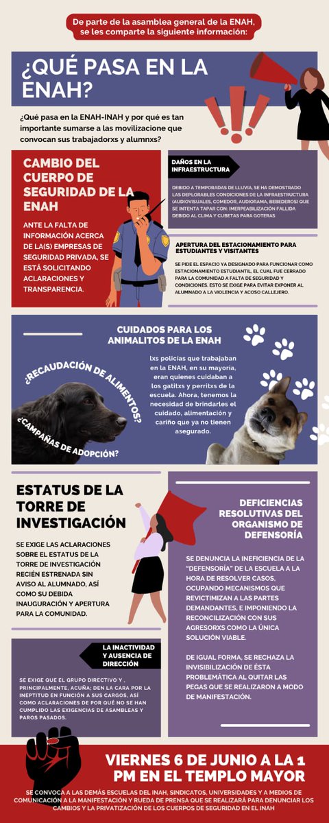 De parte de la asamblea general de la ENAH, se les comparte la siguiente información:

¿QUÉ PASA EN LA ENAH?

¿Qué pasa en la ENAH-INAH y por qué es tan importante sumarse a las movilizacione que convocan sus trabajadorxs y alumnxs

Via Asamblea General ENAH