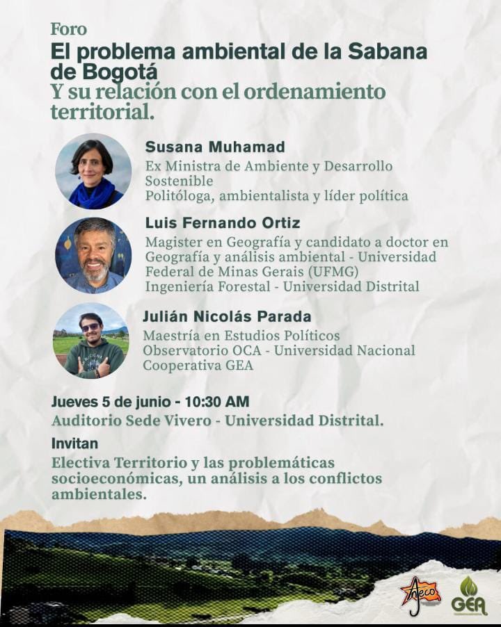 La Sabana de Bogotá es un ecosistema clave para el agua y la vida de millones de personas. Por eso, su ordenamiento territorial debe centrarse en la protección. Sobre esto hablaremos mañana a las 10:30am en la <a href="/udistrital/">UniversidadDistrital</a>, en el marco del #DiaMundialDelMedioAmbiente ¡Nos vemos!✅