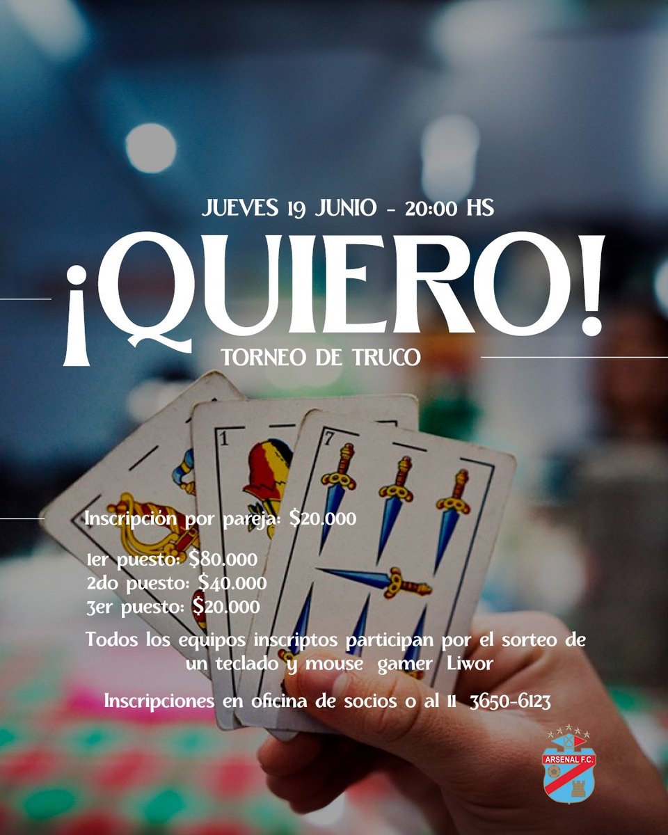 📢 ¡Torneo de truco en el Arse! 

Veni a pasar un rato divertido en familia. Vamos a tener buffett económico y los inscriptos participan por el sorteo de un mouse y un teclado gamer Liwor. 

📌 Info en la oficina de socios o al 11-3560-6123.

¡Los esperamos! 🇨🇩

#ArsenalEsSarandi