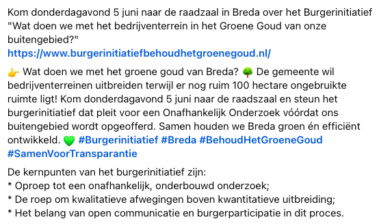 Kom naar het burgerinitiatief voor het behoud van het Groene Goud in Breda, donderdagavond 5 juni vanaf 19:45 uur in de raadzaal!

breda.notubiz.nl/bijeenkomst/12…
