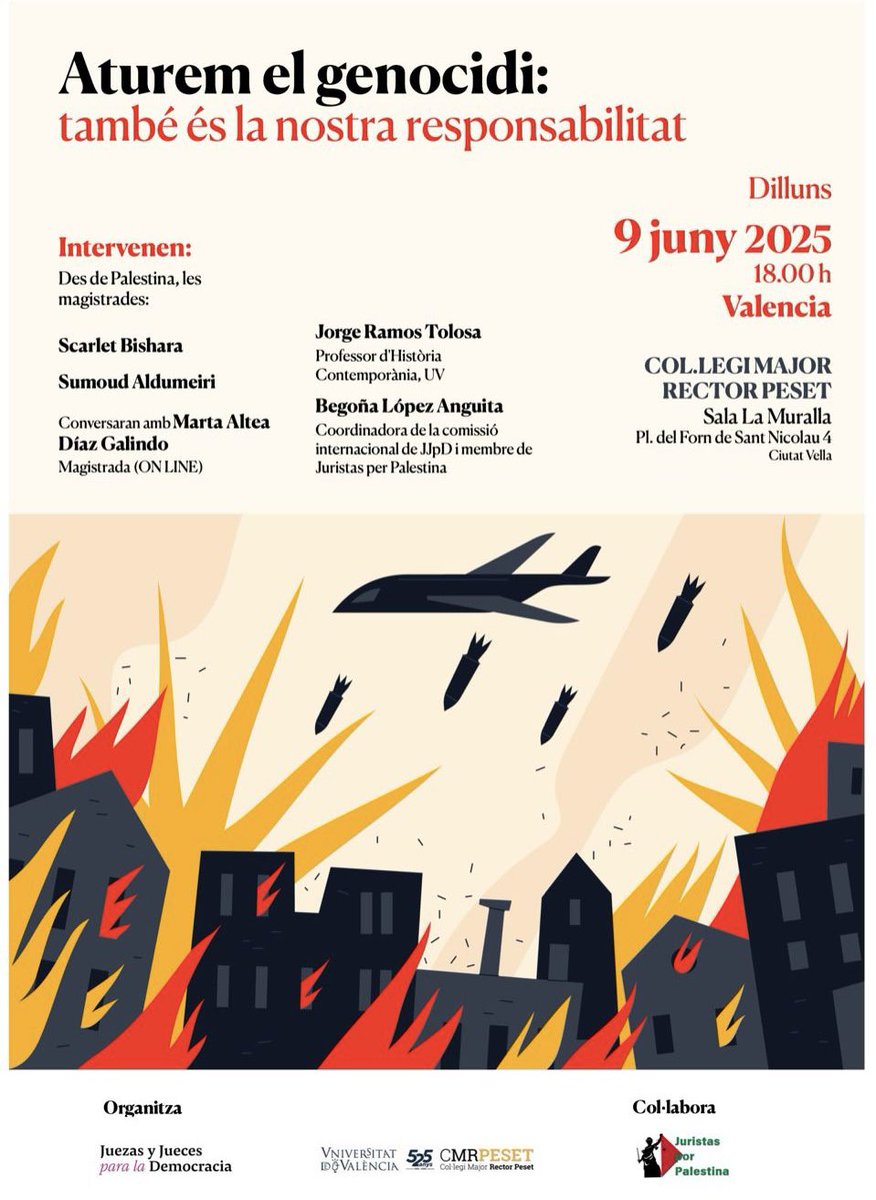 Desde Juezas y Jueces para la Democracia hemos organizado en València un acto de solidaridad con las víctimas de las atrocidades genocidas en Gaza. Será el lunes 9 y participarán dos magistradas palestinas, a las que debemos escuchar. Os animamos a difundir y a asistir.