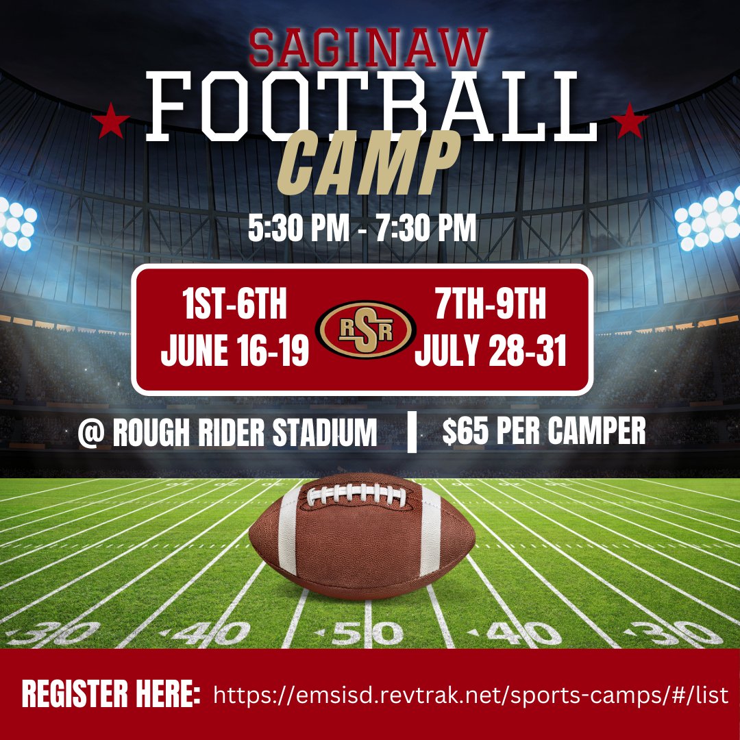 Preparation for football season can never be too soon! Come on out to Saginaw and join the Rough Riders in getting ready for fall kickoff! Only one week left to register for the first session!
#EMSproud
Register here: emsisd.revtrak.net/sports-camps/#…